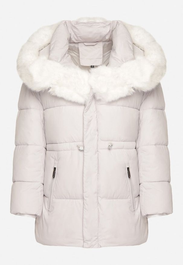 Born2be - Biała Kurtka z Pikowanymi Przeszyciami i Kapturem z Futerkiem Galiadia. Okazja: na co dzień, na spacer. Kolor: biały. Materiał: futro. Styl: klasyczny, casual, sportowy