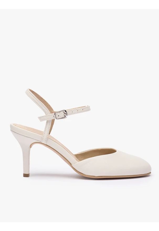 Ryłko - Kremowe czółenka ślubne slingback ze skóry licowej. Okazja: na wesele, na ślub cywilny. Nosek buta: okrągły. Zapięcie: sprzączka. Kolor: beżowy. Materiał: skóra. Obcas: na obcasie. Styl: klasyczny, casual, street, elegancki. Wysokość obcasa: średni