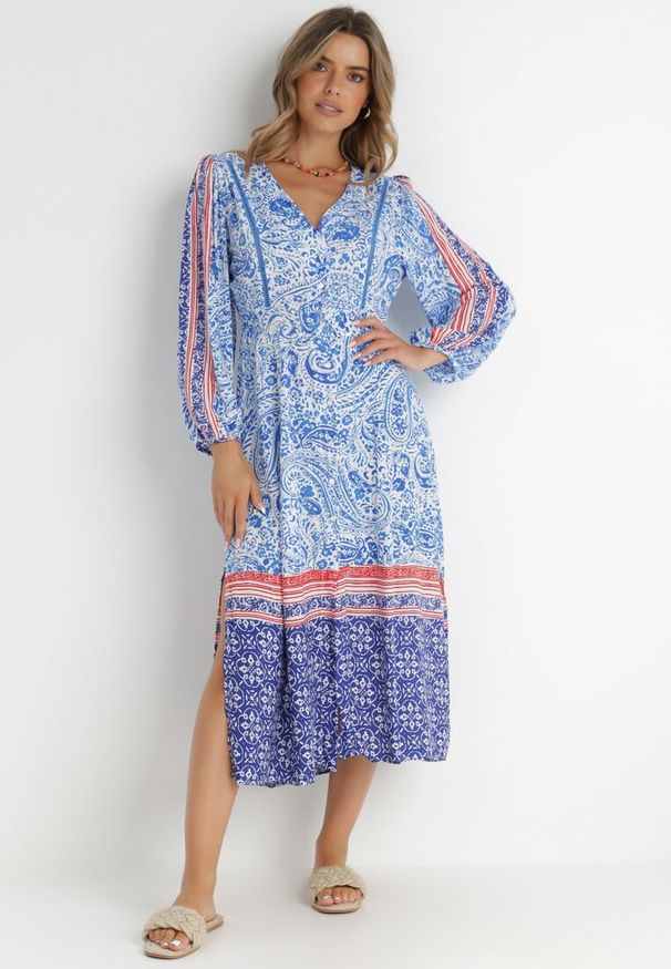 Born2be - Niebieska Sukienka Panithoe. Kolor: niebieski. Wzór: aplikacja. Styl: wakacyjny, klasyczny. Długość: midi