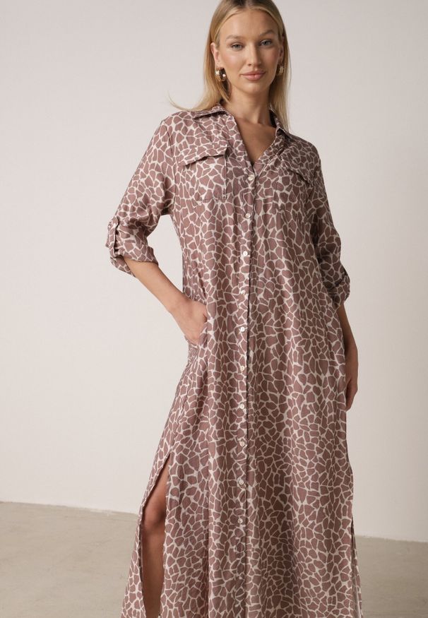 Born2be - Beżowa Sukienka Koszulowa z Wiskozą w Zwierzęcy Wzór Żyrafy Nevetalia. Okazja: na co dzień. Kolor: beżowy. Materiał: wiskoza. Wzór: motyw zwierzęcy. Typ sukienki: koszulowe. Styl: casual, klasyczny