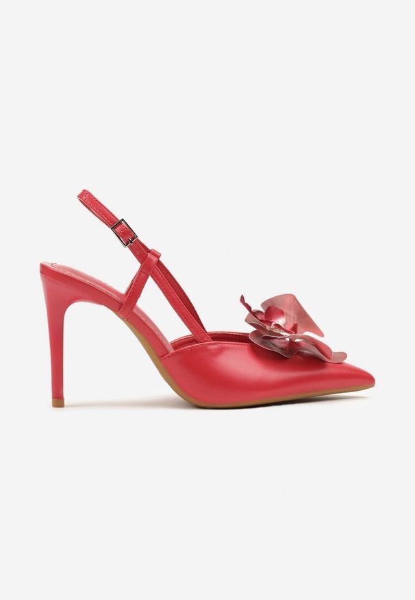 Renee - Czerwone Sandały na Szpilce Vices Slingback z Kwiatem 3D Koviano. Okazja: na imprezę. Zapięcie: sprzączka. Kolor: czerwony. Wzór: kwiaty. Obcas: na szpilce. Styl: elegancki, klasyczny