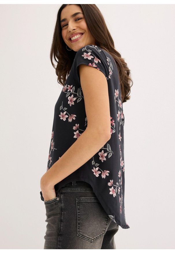 bonprix - Koszulka oversize z mieszanki bawełny. Kolor: czarny. Materiał: bawełna. Wzór: kwiaty