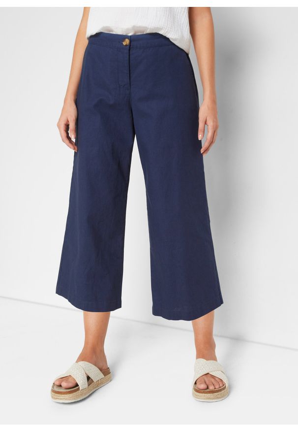 bonprix - Spodnie lniane culotte z wygodnym paskiem. Kolor: niebieski. Materiał: len