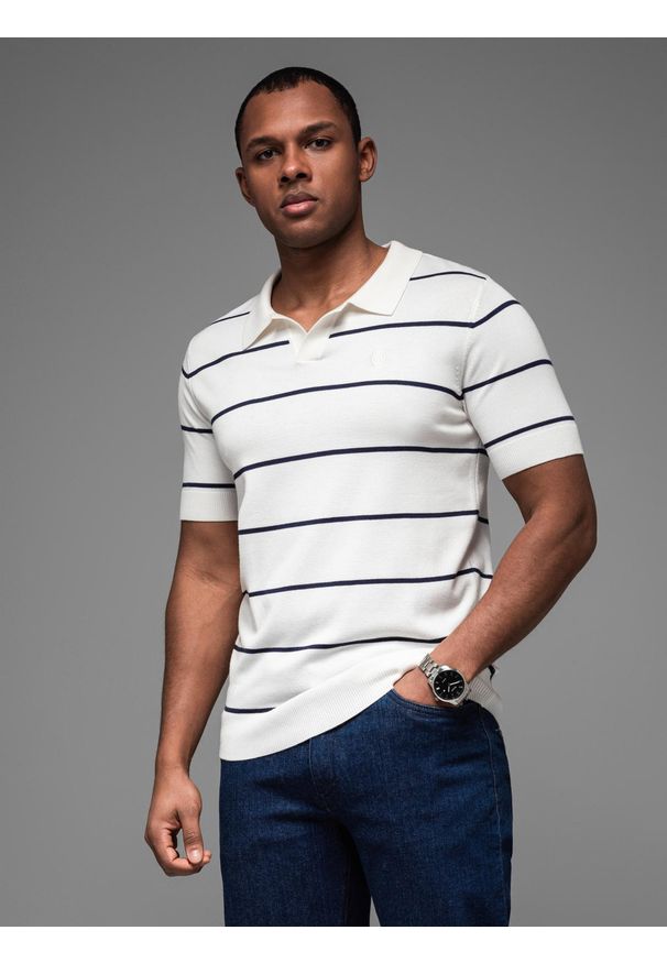 Ombre Clothing - Koszulka męska polo w poziome paski z wiskozą – biało-granatowa V2 - Rozmiar: M. Okazja: na co dzień. Typ kołnierza: polo. Kolor: biały. Materiał: wiskoza. Wzór: paski. Styl: casual