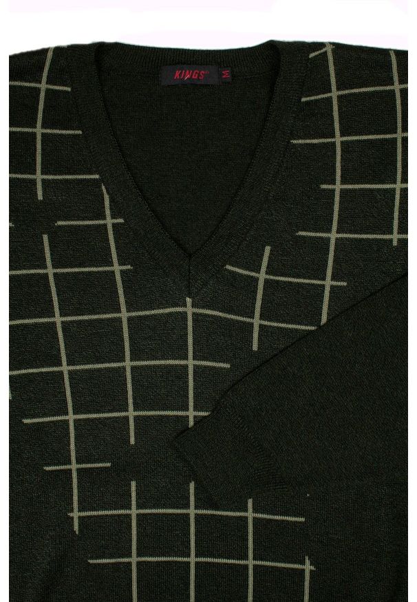 Kings - Sweter Zielono-Beżowy w Kratkę, Dekolt w Serek (V-neck) -KINGS- Męski. Typ kołnierza: dekolt w serek. Kolor: brązowy, wielokolorowy, beżowy. Materiał: akryl, bawełna. Wzór: kratka. Sezon: zima, jesień. Styl: klasyczny