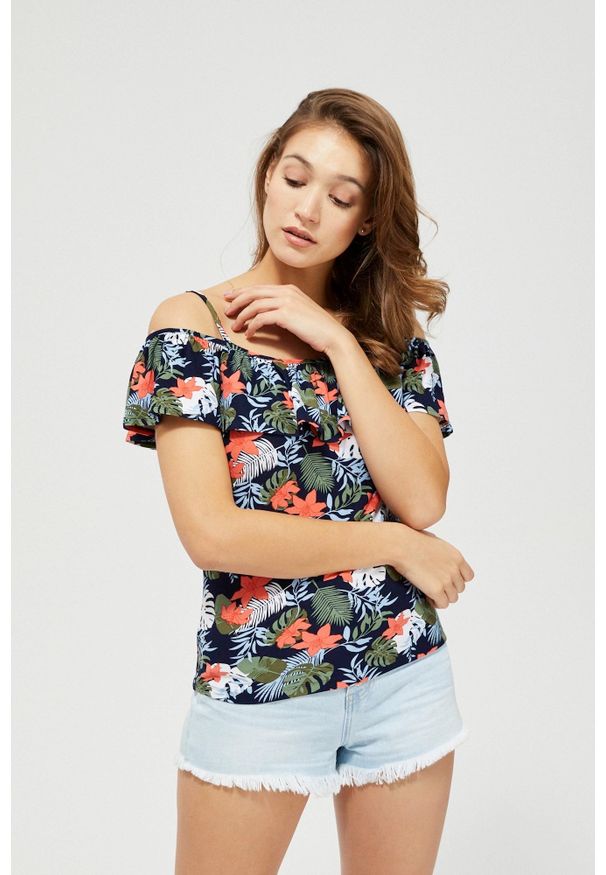 MOODO - Bluzka hiszpanka. Typ kołnierza: dekolt hiszpanka. Materiał: elastan, poliester. Długość rękawa: na ramiączkach. Wzór: kwiaty