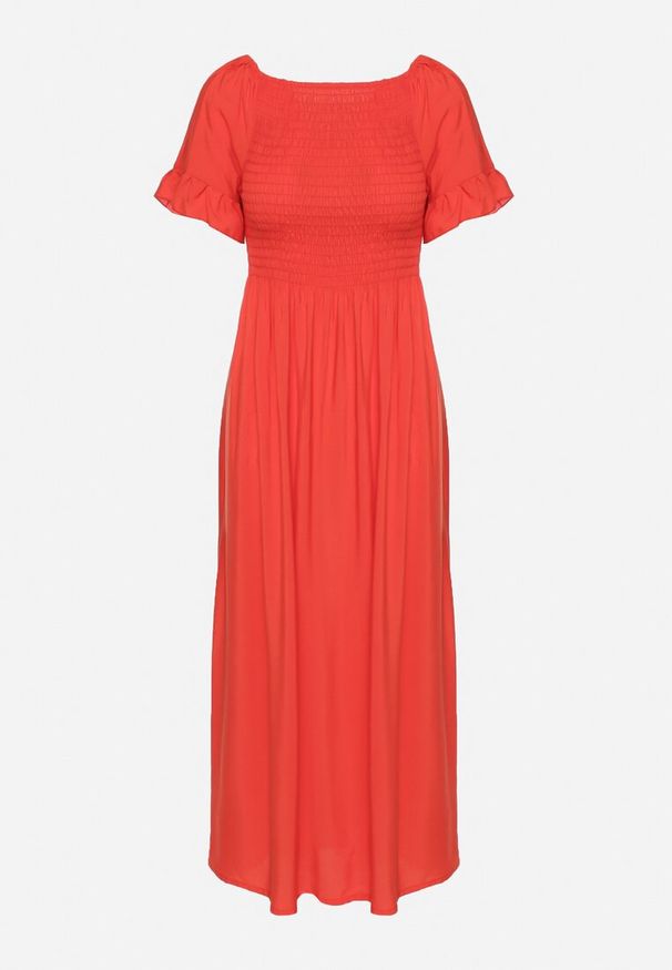 Born2be - Czerwona Bawełniana Sukienka o Kroju Hiszpanki z Elastyczną Górą Niloviria. Okazja: na co dzień. Typ kołnierza: dekolt hiszpanka. Kolor: czerwony. Materiał: bawełna. Długość rękawa: krótki rękaw. Styl: casual, klasyczny