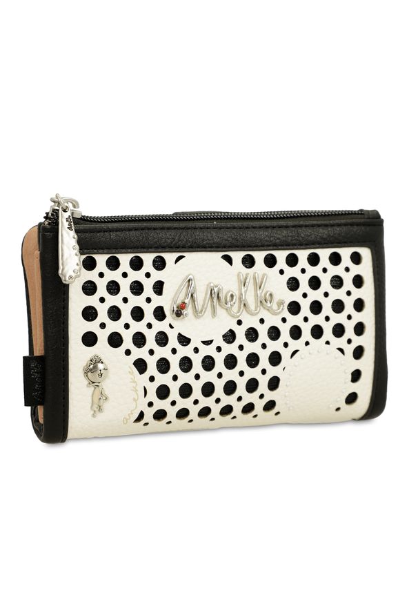 Biały Stylowy Damski Portfel Anekke. Kolor: biały. Materiał: materiał. Wzór: aplikacja