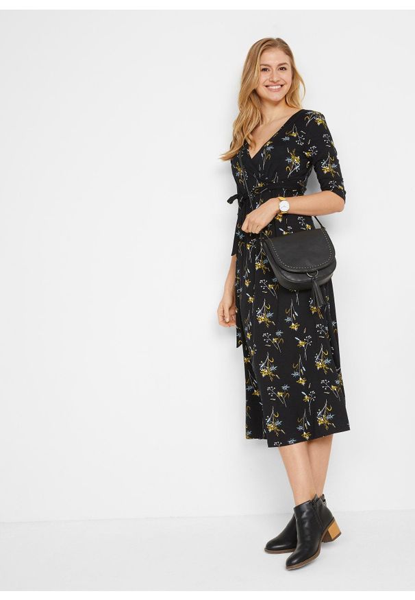 bonprix - Sukienka ciążowa i do karmienia. Kolekcja: moda ciążowa. Kolor: czarny. Wzór: nadruk. Typ sukienki: kopertowe