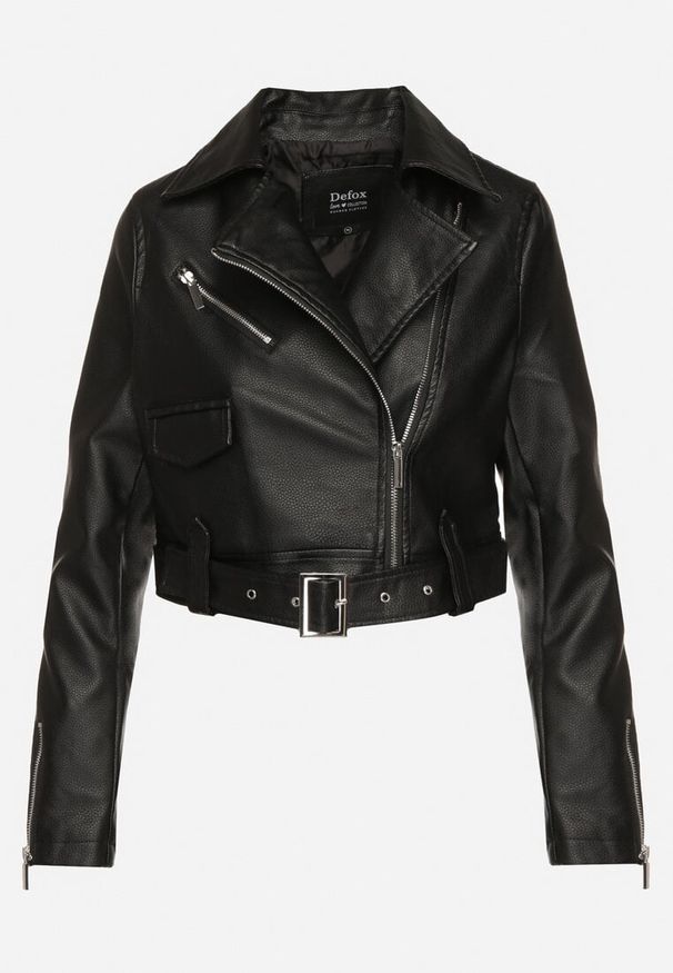 Born2be - Czarna Krótka Kurtka Ramoneska z Paskiem Ozdobionym Klamrą Mavine. Okazja: na co dzień. Kolor: czarny. Materiał: jeans. Długość rękawa: długi rękaw. Długość: krótkie. Wzór: aplikacja. Styl: casual, rockowy, elegancki