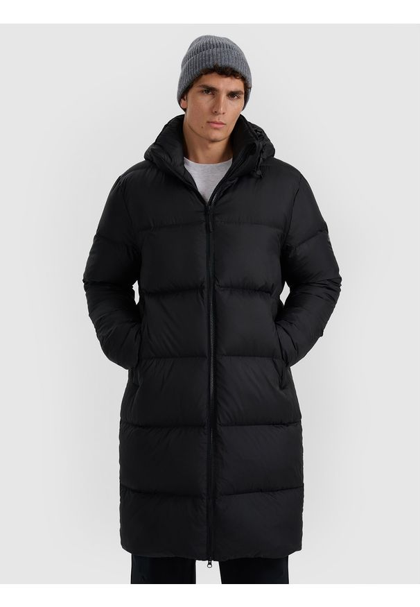 4f - 4F Płaszcz puchowy z wypełnieniem naturalnym męski - czarny S. Okazja: na co dzień. Kolor: czarny. Materiał: puch. Długość: do kolan. Sezon: zima. Styl: casual