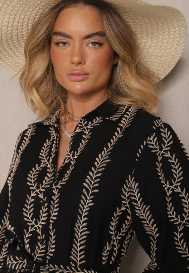 Renee - Czarna Wiskozowa Sukienka o Koszulowym Kroju z Haftem i Wiązanym Paskiem Salliene. Okazja: na co dzień. Kolor: czarny. Materiał: wiskoza. Wzór: haft. Typ sukienki: koszulowe. Styl: klasyczny, elegancki, casual