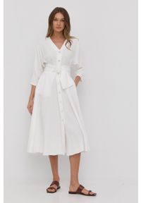 Nissa sukienka kolor biały midi rozkloszowana. Kolor: biały. Materiał: tkanina. Długość rękawa: krótki rękaw. Typ sukienki: rozkloszowane. Długość: midi