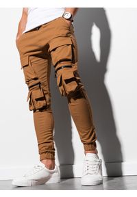 Ombre Clothing - Spodnie męskie joggery P995 - camel - XXL. Materiał: elastan, bawełna