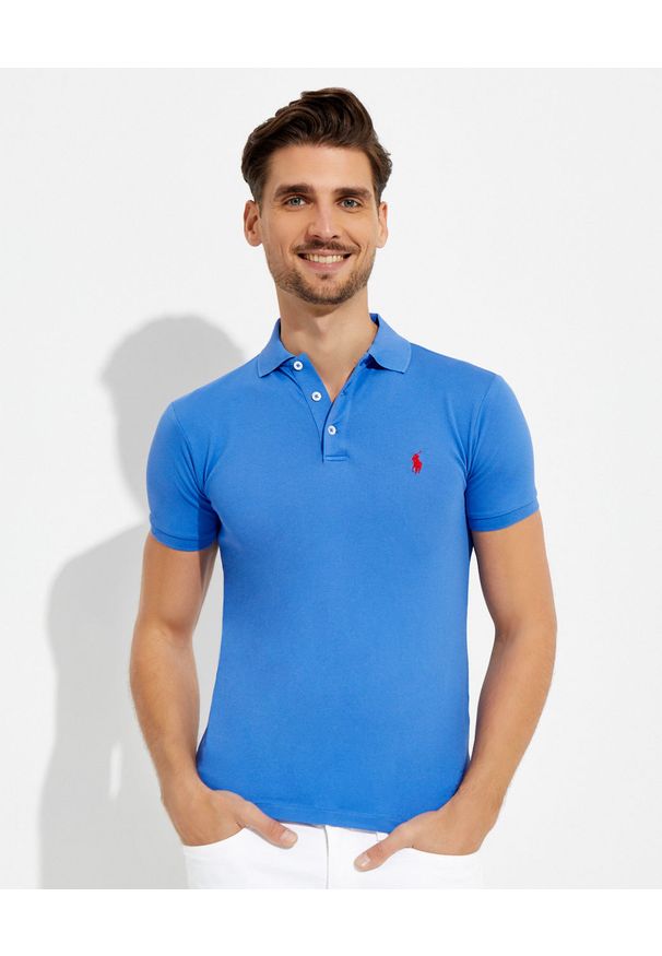 Ralph Lauren - RALPH LAUREN - Niebieska koszulka Polo Mesh Slim Fit. Typ kołnierza: polo. Kolor: niebieski. Materiał: mesh. Wzór: haft