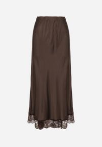 Born2be - Brązowa Satynowa Spódnica z Wiskozy Ozdobiona Koronką Fedare. Okazja: na co dzień. Kolor: brązowy. Materiał: wiskoza, satyna, koronka. Wzór: aplikacja, koronka. Styl: klasyczny, casual, elegancki #5