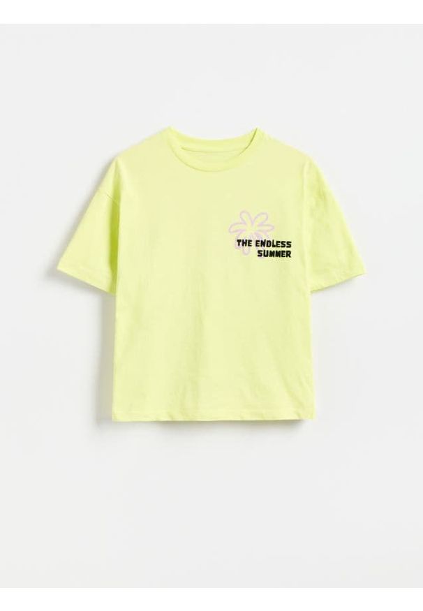 Reserved - Bawełniany t-shirt z nadrukiem - jasnożółty. Kolor: żółty. Materiał: bawełna. Wzór: nadruk