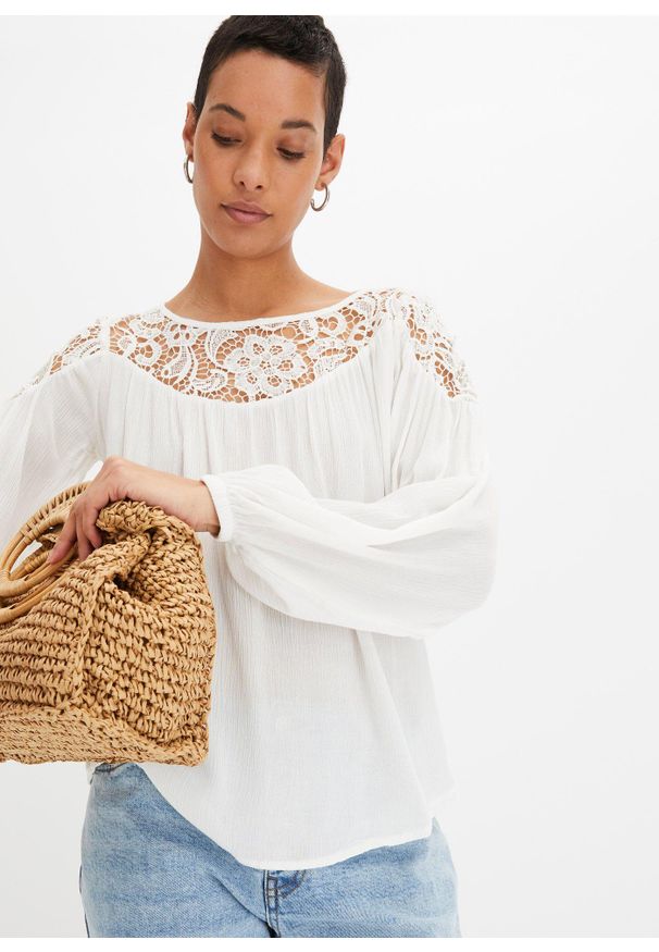 bonprix - Tunika z koronką. Kolor: beżowy. Materiał: koronka. Wzór: koronka