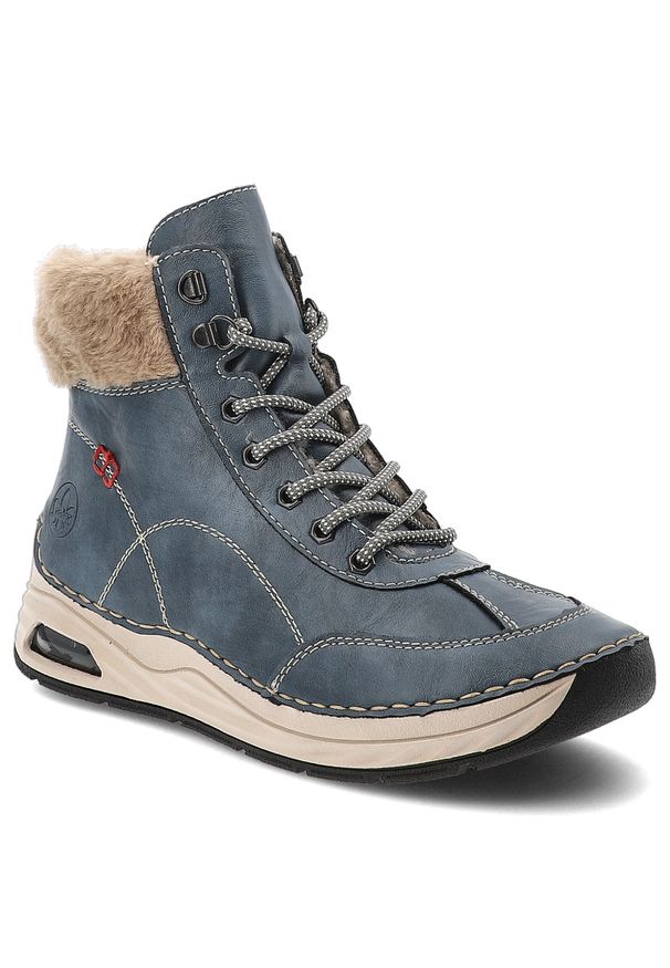 Niebieskie Botki Rieker Ocieplane Obuwie Damskie. Okazja: na co dzień. Zapięcie: sznurówki. Kolor: niebieski. Materiał: futro. Styl: casual, sportowy