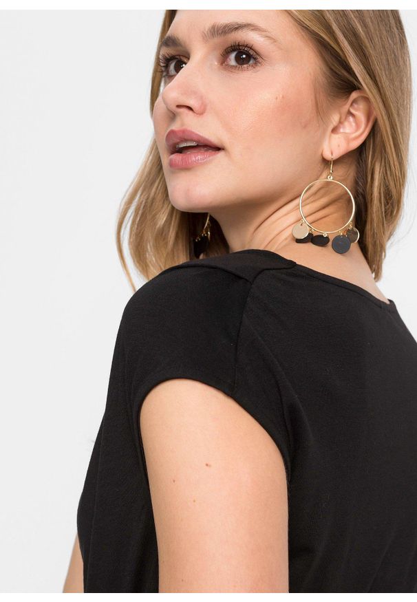 bonprix - Bluzka kaskadowa z mieszanki wiskozy. Typ kołnierza: dekolt woda. Kolor: czarny. Materiał: wiskoza