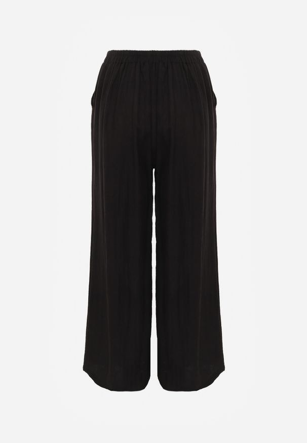 Renee - Czarne Szerokie Spodnie Casual High Waist ze Strukturalnej Tkaniny Hyrarpia. Okazja: na co dzień. Stan: podwyższony. Kolor: czarny. Materiał: tkanina. Styl: casual