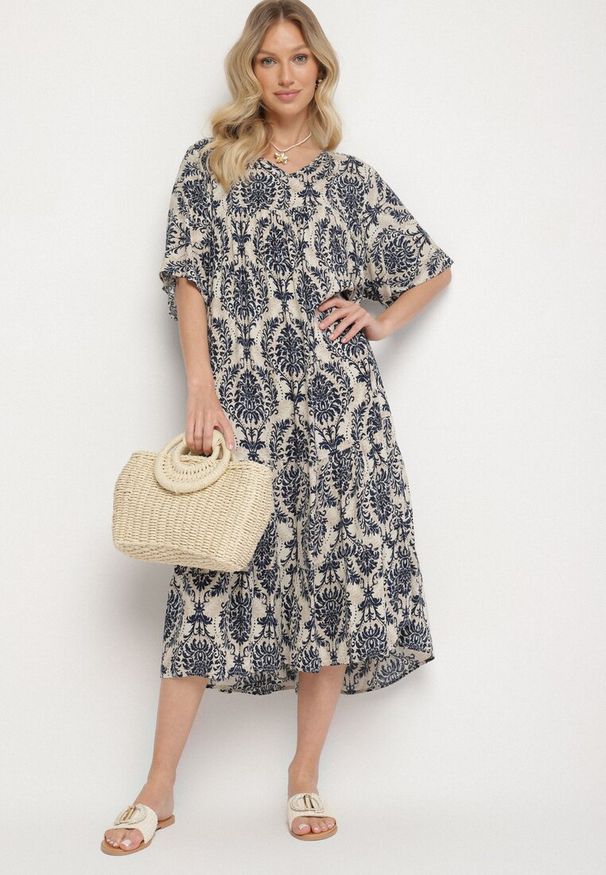 Born2be - Niebieska Sukienka z Bawełną w Abstrakcyjny Wzór Filindela. Okazja: na co dzień, na spacer. Kolor: niebieski. Materiał: bawełna. Wzór: aplikacja. Styl: klasyczny, casual, elegancki