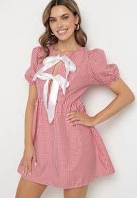 Born2be - Czerwona Rozkloszowana Sukienka w Kratkę Vichy w Stylu Retro z Wiązaniem Telionea. Okazja: na co dzień. Kolor: czerwony. Wzór: kratka. Typ sukienki: rozkloszowane. Styl: retro #1