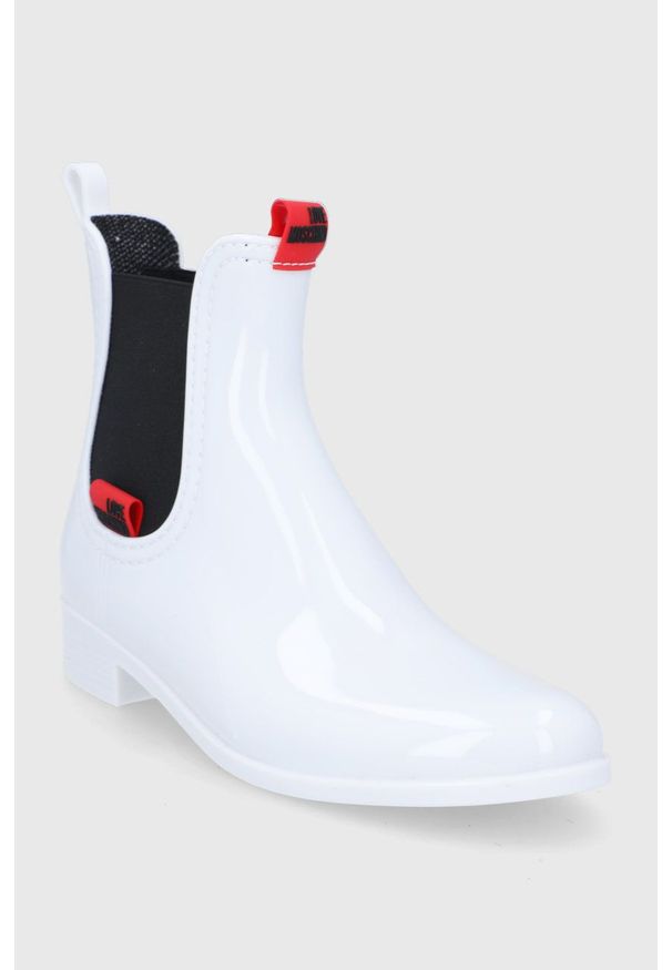 Love Moschino Kalosze damskie kolor biały. Nosek buta: okrągły. Kolor: biały. Materiał: materiał, guma. Wzór: gładki. Obcas: na platformie