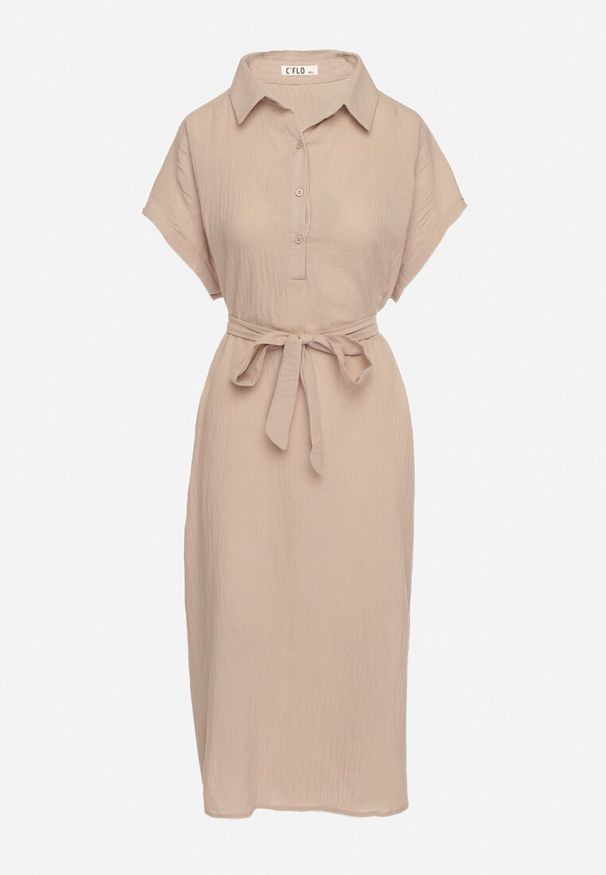 Born2be - Ciemnobeżowa Sukienka z Wiskozy o Koszulowym Kroju z Wiązanym Paskiem Danisna. Okazja: na co dzień. Kolor: beżowy. Materiał: wiskoza. Długość rękawa: krótki rękaw. Wzór: aplikacja. Typ sukienki: koszulowe. Styl: casual, elegancki, klasyczny. Długość: midi