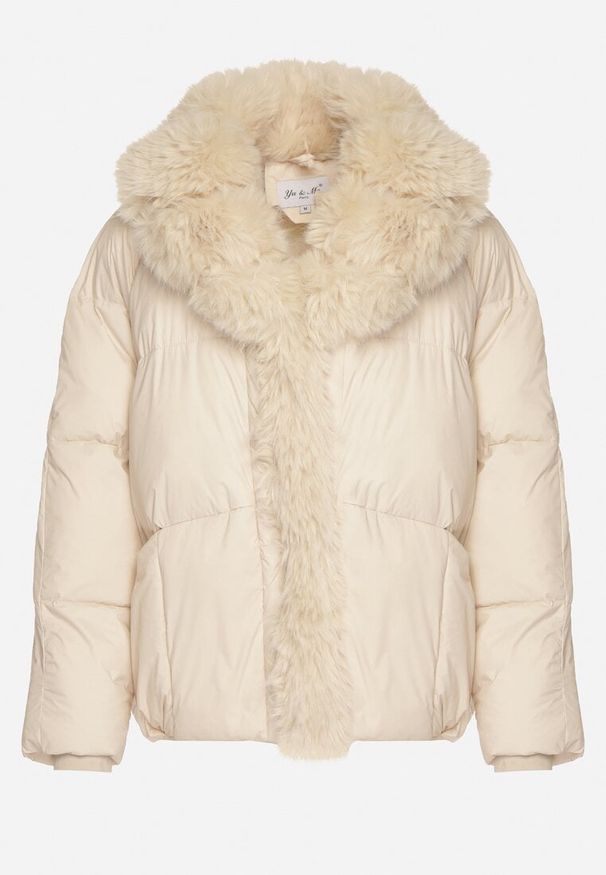 Born2be - Beżowa Pikowana Kurtka Oversize z Futrzanymi Zdobieniami Saranessa. Okazja: na co dzień. Kolor: beżowy. Materiał: futro. Wzór: aplikacja. Styl: casual