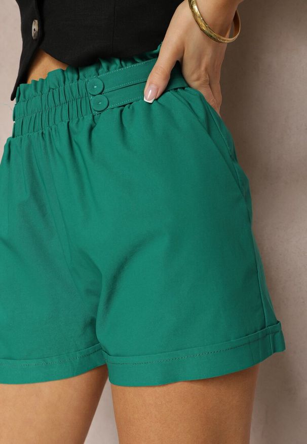 Renee - Zielone Szorty High Waist z Gumką w Pasie Kerpia. Okazja: na co dzień. Stan: podwyższony. Kolor: zielony. Materiał: bawełna. Styl: elegancki, casual
