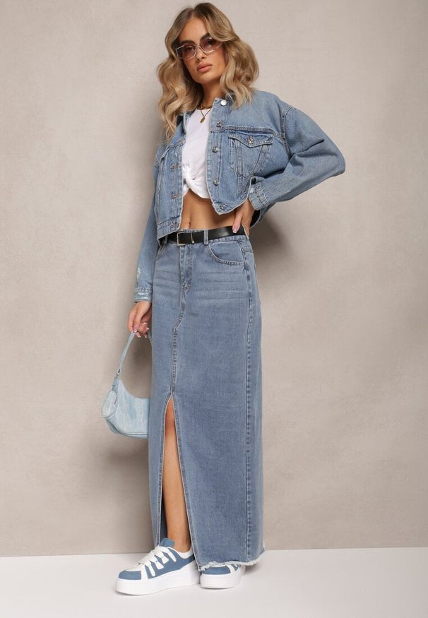 Renee - Niebieska Spódnica Jeansowa Maxi z Paskiem Mullese. Stan: podwyższony. Kolor: niebieski. Materiał: jeans. Styl: klasyczny