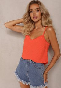 Renee - Pomarańczowy Top na Ramiączkach z Ozdobną Koronką Otoro. Kolor: pomarańczowy. Materiał: koronka. Długość rękawa: na ramiączkach. Wzór: koronka