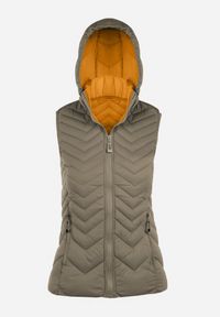 Born2be - Ciemnozielona Kamizelka Pikowana z Kapturem Euphiolea. Typ kołnierza: kaptur. Kolor: zielony. Wzór: aplikacja, geometria. Styl: elegancki #7