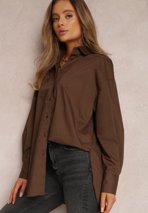 Renee - Ciemnobrązowa Koszula Bawełniana Aquida. Kolor: brązowy. Materiał: bawełna. Długość rękawa: długi rękaw. Długość: długie