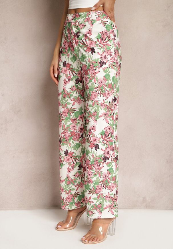 Renee - Różowo-Białe Spodnie w Kwiatowy Print High Waist z Szeroką Nogawką Lastaria. Okazja: na co dzień. Stan: podwyższony. Kolor: różowy. Materiał: tkanina. Wzór: nadruk, kwiaty. Sezon: wiosna. Styl: elegancki, casual