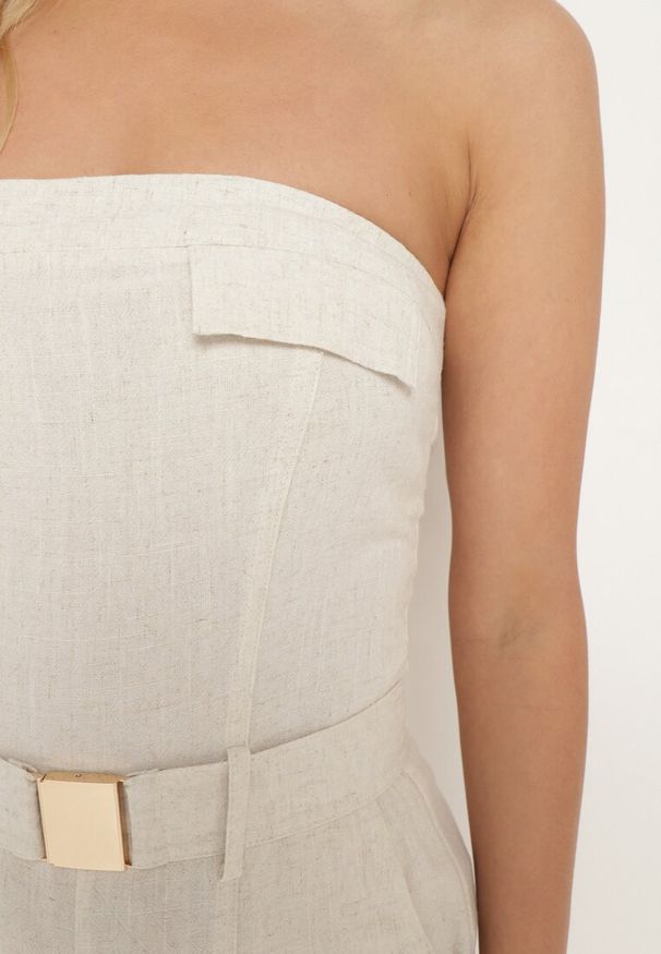 Born2be - Jasnobeżowy Kombinezon Zwężany w Talii Lnem i Wiskozą Qurefia. Okazja: na co dzień. Kolor: beżowy. Materiał: wiskoza, len. Długość: długie. Styl: casual, elegancki