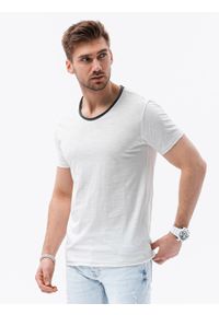 Ombre Clothing - Męski t-shirt z surowym wykończeniem – ecru V6 OM-TSCT-22SS-004 - XXL. Okazja: na co dzień. Materiał: skóra, bawełna, materiał. Wzór: aplikacja. Styl: casual