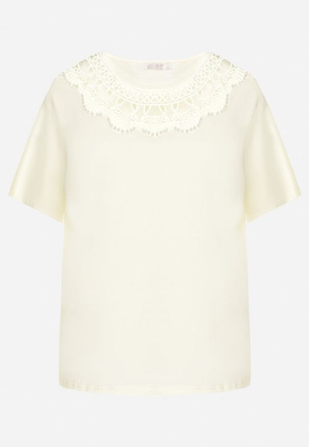 Born2be - Żółty T-shirt Oversize z Ozdobną Koronką i Perłami Elanoriel. Okazja: na co dzień. Kolor: żółty. Materiał: koronka. Wzór: koronka. Styl: klasyczny, casual