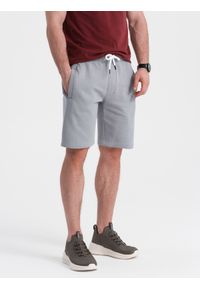 Ombre Clothing - Męskie dzianinowe spodenki ze ściągaczem i kieszeniami - szare V8. Kolor: szary. Materiał: dzianina. Styl: wakacyjny