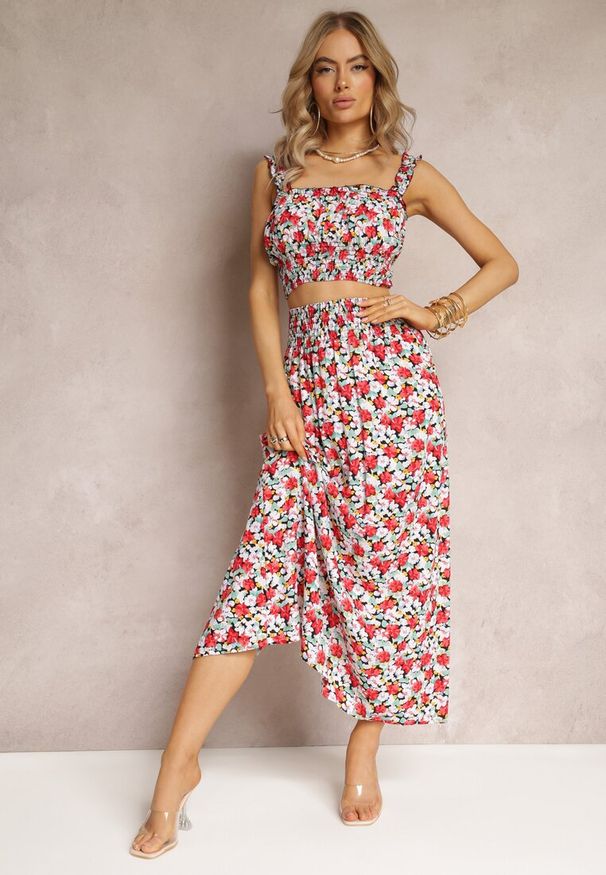 Renee - Czarno-Czerwony 2-Częściowy Komplet z Bawełny Długa Spódnica z Gumkami i Krótki Top na Ramiączkach Zymiere. Kolor: czerwony. Materiał: bawełna. Wzór: kwiaty, nadruk, aplikacja