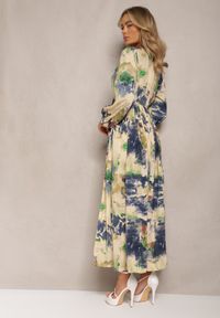 Renee - Beżowo-Granatowa Rozkloszowana Sukienka Maxi w Abstrakcyjny Wzór z Guzikami Tiritta. Kolor: beżowy. Wzór: nadruk, aplikacja. Długość: maxi #2