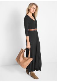 bonprix - Długa sukienka z wiskozy ze stretchem, o linii litery A, rękawy 3/4. Kolor: czarny. Materiał: wiskoza. Długość: maxi