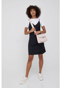 Calvin Klein sukienka kolor czarny mini rozkloszowana. Kolor: czarny. Materiał: tkanina. Długość rękawa: na ramiączkach. Wzór: gładki. Długość: mini