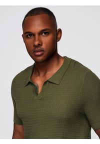 Ombre Clothing - Męska dzianinowa koszulka polo bez zapięcia – oliwkowa V1 - Rozmiar: S. Okazja: na co dzień. Typ kołnierza: polo. Kolor: oliwkowy. Materiał: dzianina. Wzór: gładki, ze splotem. Styl: klasyczny, casual