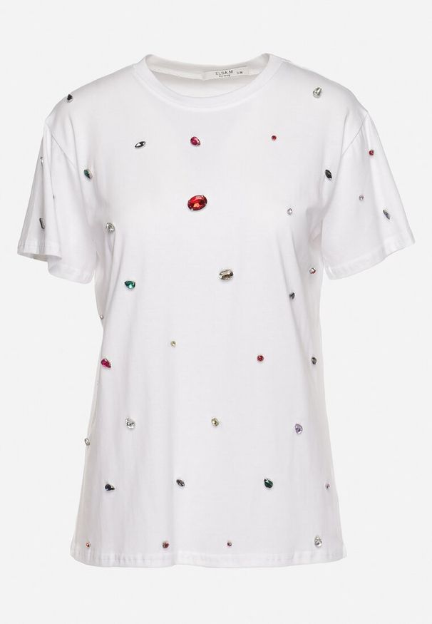 Born2be - Biały T-shirt Ozdobiony Kolorowymi Cyrkoniami Wiadea. Okazja: na co dzień. Kolor: biały. Wzór: aplikacja, kolorowy. Styl: casual, klasyczny