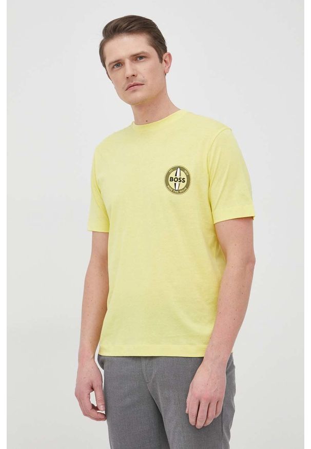 BOSS t-shirt męski kolor żółty z nadrukiem. Kolor: żółty. Materiał: skóra, włókno. Wzór: nadruk