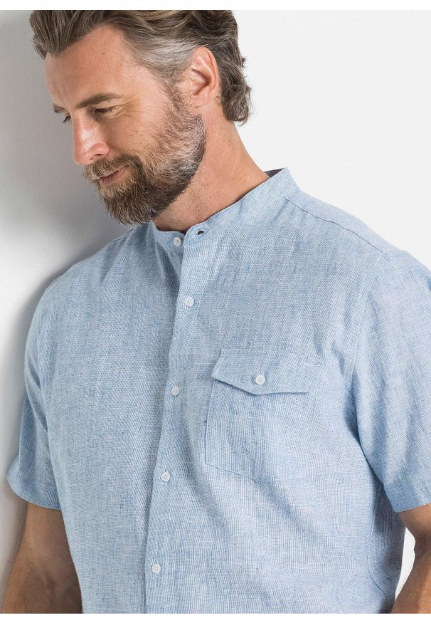 bonprix - Koszula z lnem, krótki rękaw. Typ kołnierza: kołnierzyk stójkowy. Kolor: niebieski. Materiał: len. Długość rękawa: krótki rękaw. Długość: krótkie