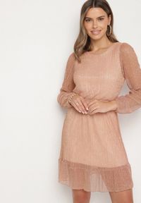 Born2be - Szampańska Sukienka z Wiskozy Ozdobiona Metaliczną Nicią Meliorea. Kolor: złoty. Materiał: wiskoza. Wzór: aplikacja. Styl: klasyczny, elegancki #5