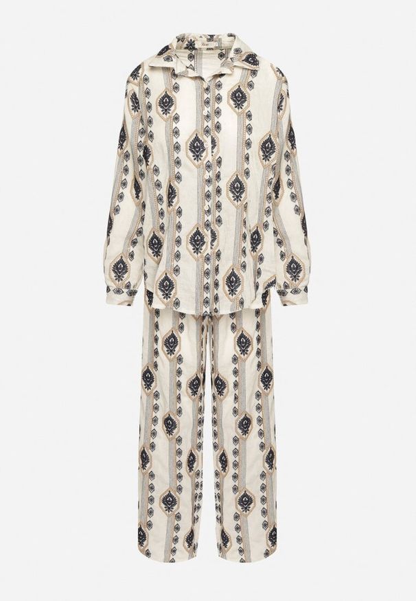 Born2be - Beżowy Komplet z Bawełny Zdobiony Haftem Koszula i Spodnie Nalirra. Kolor: beżowy. Materiał: bawełna. Wzór: aplikacja, haft